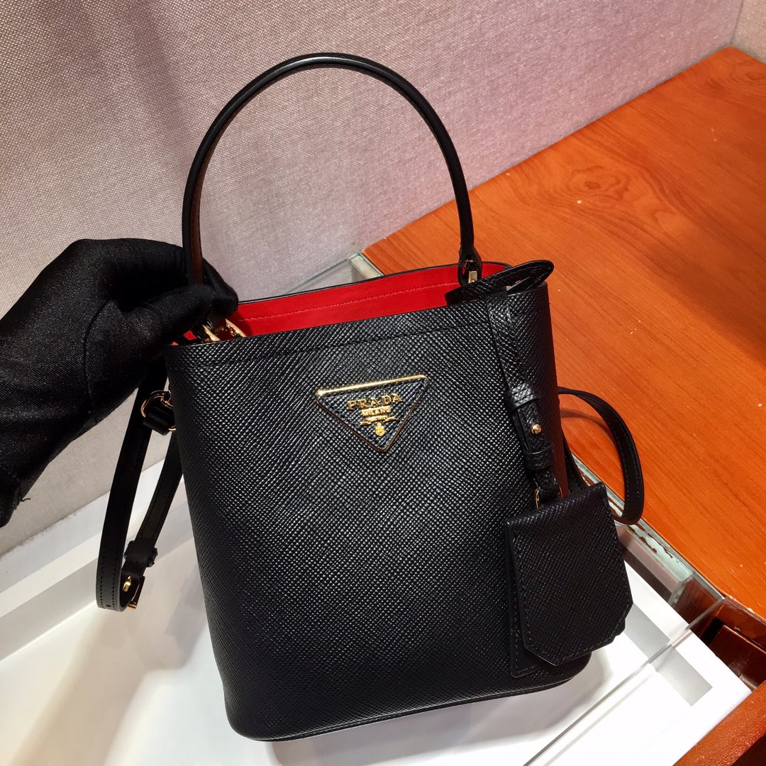 Prada Small Saffiano Leather Panier Bag Black/Red 1BA217